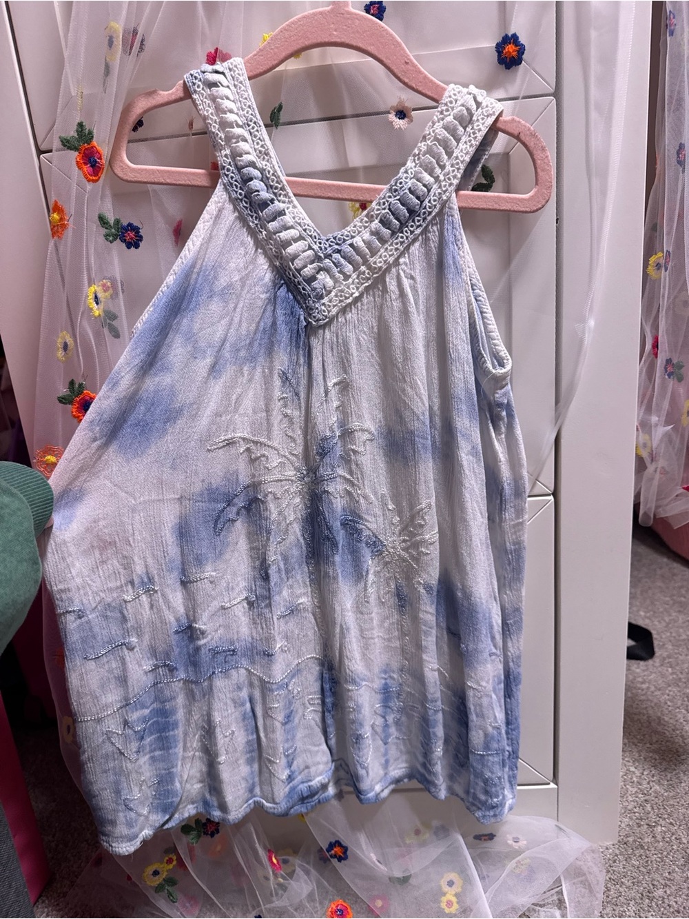 Raya Sun Girls Size 6X Blue White Boho Palm Tree Embroidered Dress